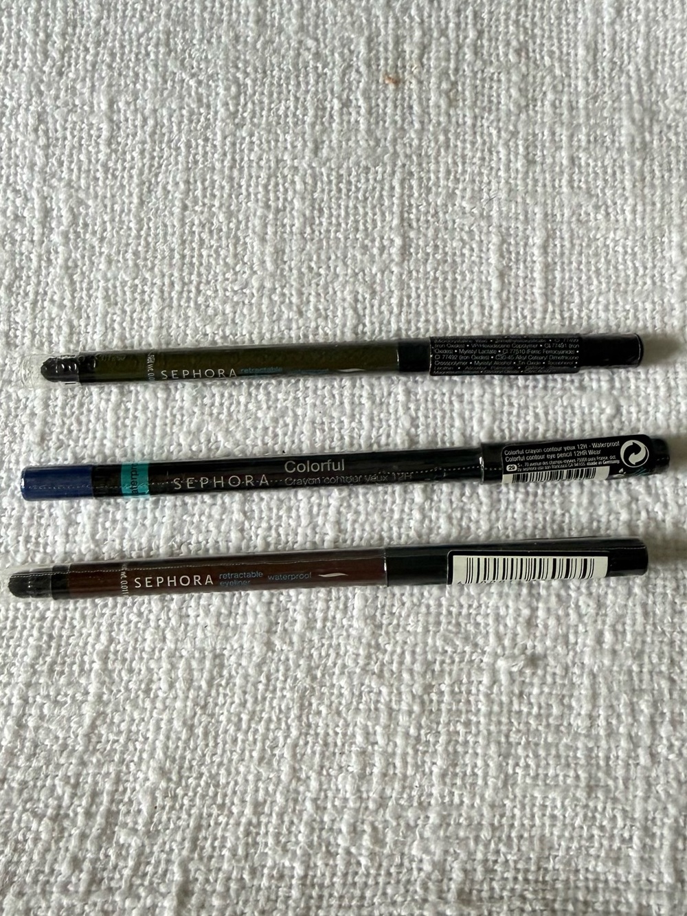 Sephora Retractable Eyeliner Trio — Olive Green, Deep Navy, Chestnut Brown